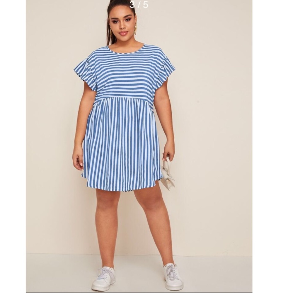 Plus Striped Blue and White Flounce Sleeve Babydoll Dress 2X